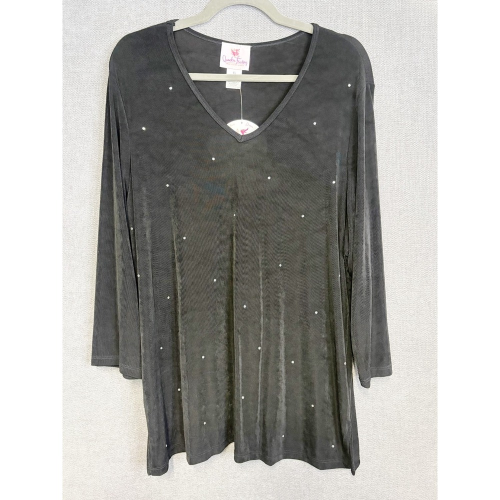 Quaker Factory Top Women Extra Large Black Liquid Knit Tunic Rhinestones Stretch